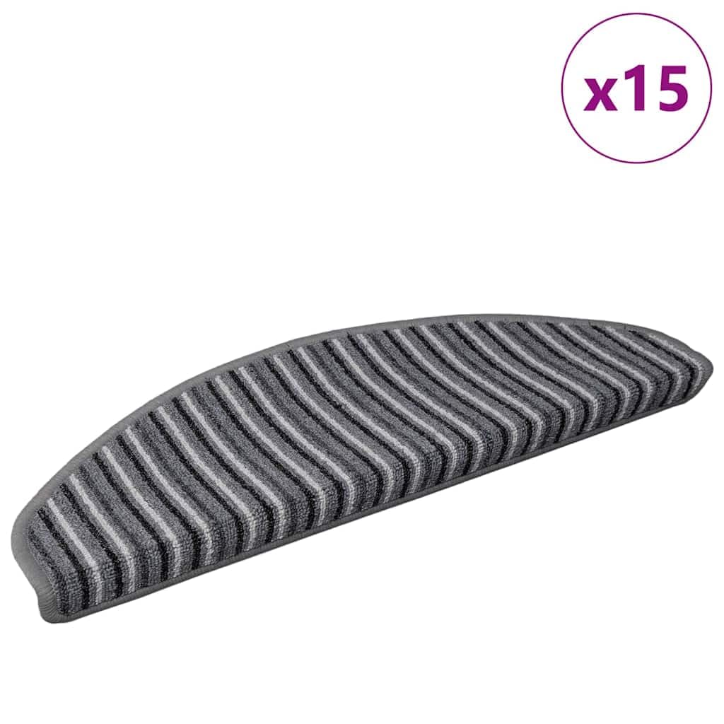 Selbstklebende Stufenmatten 15er Set Grau 65x21 cm Halbrund Gestreift Lärmreduzierend Rutschfester Treppenschoner aus 100% Polypropylen Modernes Design für Flur Wohnzimmer Schlafzimmer