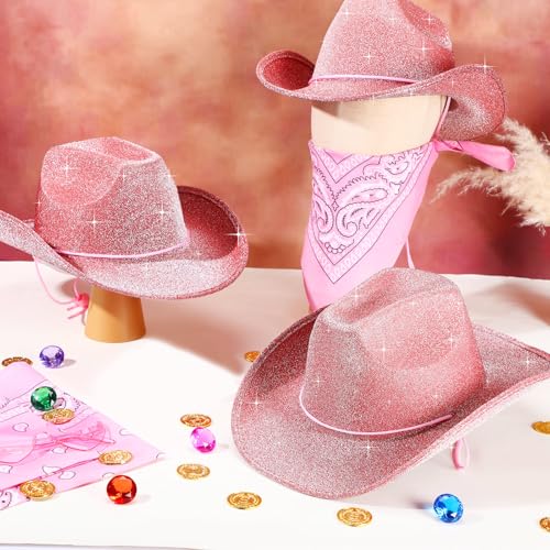 Image of Coume 12 Pcs Sparkly Adults Cowboy Hat and Bandanas Women Men Western Glitter Cowgirl Party Hats with Adjustable Drawstring