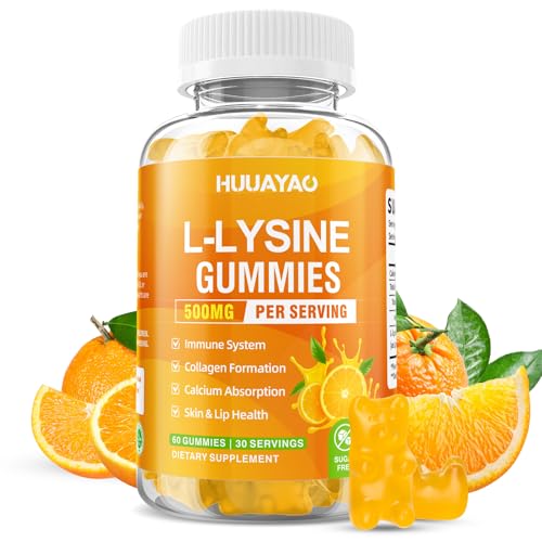 L-Lysine Gummies 500mg Lysine Gummies Supplement for Immune Support & Skin Health Collagen Formation Support Vegan Gluten Free Chewable Supplement for Adults & Kids Orange Flavor 60 Count