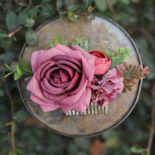 Fangsen Wedding Rose Flower Hair Comb Bridal Flower Hair Clip Floral Hair Accessories For Women An Girls (Retro Red) #TOP3