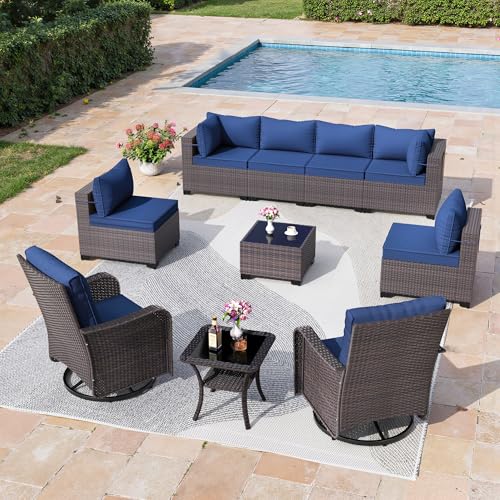 Image of 10 Pieces Outdoor Patio Furniture Set,Outdoor Sectional Furniture All Weather PE Rattan Wicker Patio Conversation Set with Coffee Table,Swivel Rocking Chairs Set,Navy Blue