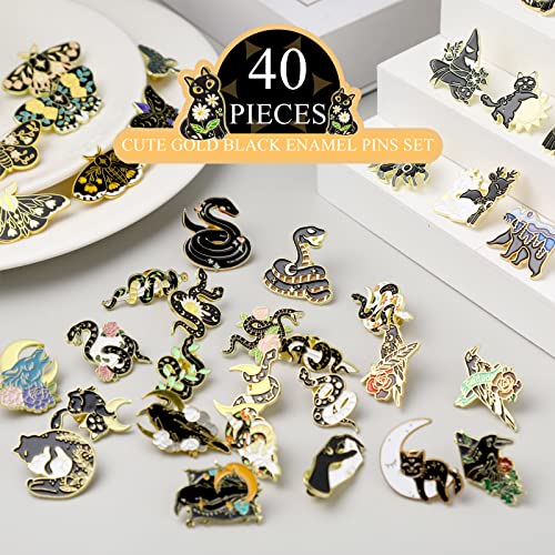 40 Pieces Cute Gold Black Enamel Pins Set Vintage Butterfly Cat Snake Bug Enamel Lapel Pins Horror Cool Crow Brooches Pins Assorted Badges Aesthetic Pins Anime Pins For Backpack Hats Clothes #TOP3