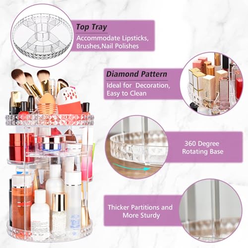 Image of JessLab Makeup Organizer, 360 Degree Rotating Adjustable Cosmetic Organizer Makeup Storage Carousel Brush Lipstick Holder for Bathroom Vanity, Multi-Function and Large Capacity, Diamond Pattern
