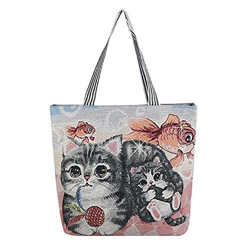 Image of Women's Canvas Cat Print Shoulder Bag - Cat Graphic Hobo Crossbody Handbag