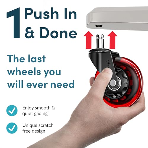 Image of Lifelong Office Chair Wheels Replacement, Heavy Duty, Red, 5-Pack Fits 98% | Original Rubber Caster, Desk Wheels, Smooth & Quiet, Safe for Hardwood Floors & Carpet, Replace Office Chair Mats