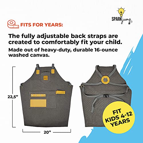 Sparkjump Kids Woodworking Apron - Craftsman Quality - Durable Canvas With Leather Pockets For Tools, Painting, Growing, And Building- Fully Adjustable Straps Fit Kids 4-12 Years #TOP2