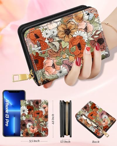 Image of Bistup Leather 12 Slot Accordion Card Holder Wallet, Floral Mushroom | Accordion Storage, Zipper Around Closure, Compact Patterned Wallet for IDs, Cards, Cash, Daily Carry and Gifts
