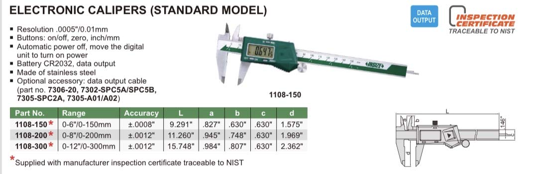 INSIZE Caliper elettrico 1108-150CAL con certificato di calibrazione ISO17025, 0-6 by INSIZE