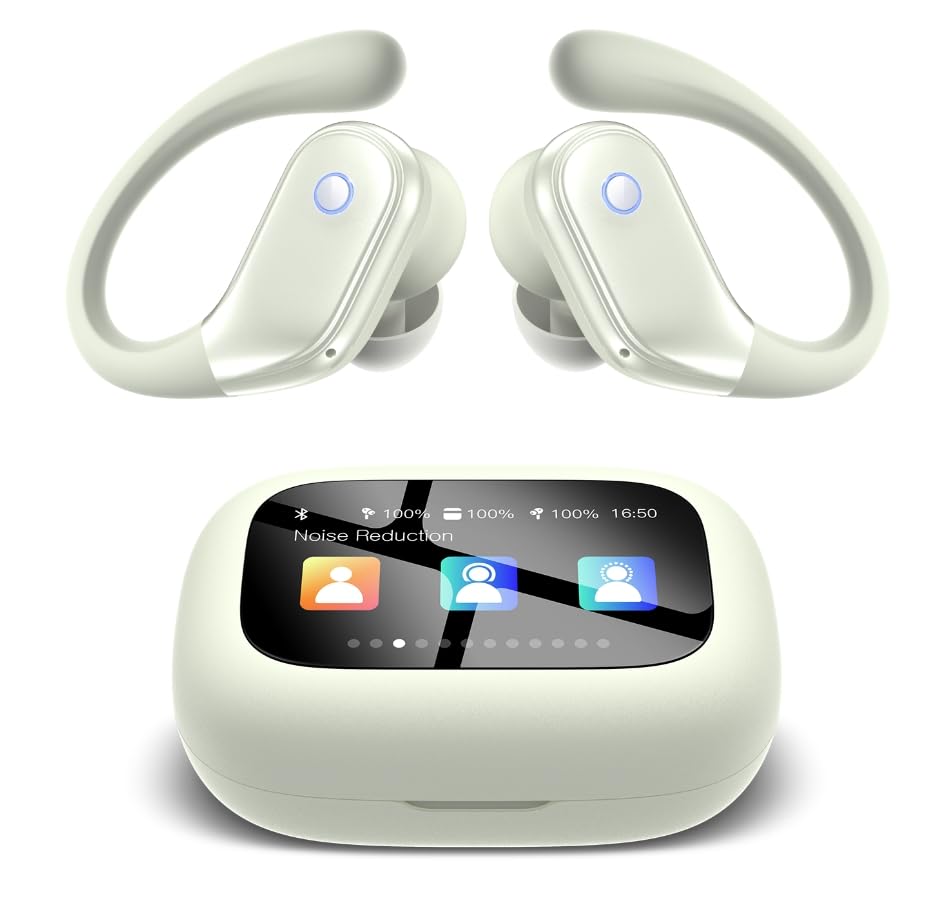 Image of jaddsa Wireless Earbuds, 2026 ENC Noise Cancelling Ear Buds with Smart Touchscreen, Bluetooth 5.4 Headphones, Bass Stereo Sound Over-Ear Earbuds, 5 EQ Modes for Sports /Travel /Gym- Ivory White