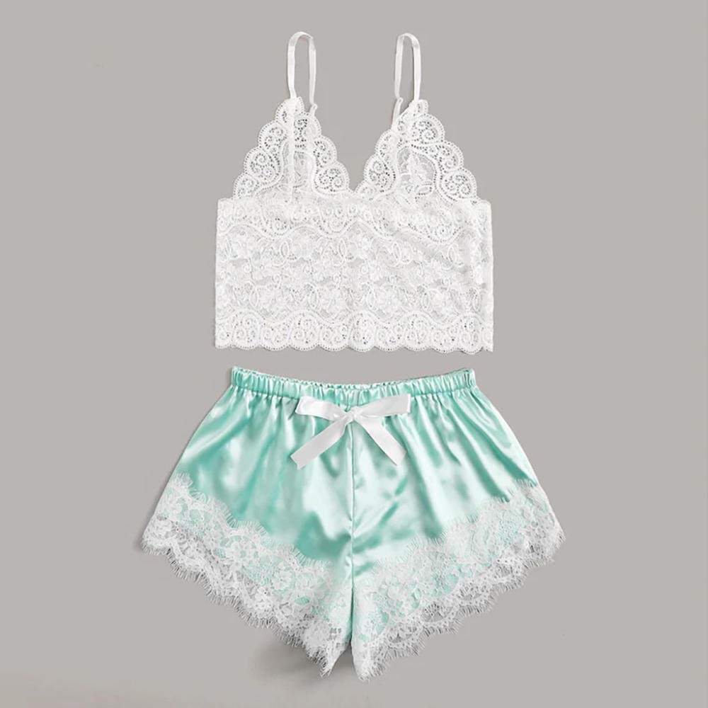 Mujer Sexy Negro con Encaje Sensual Elegante Fina Lenceria para DamaConjuntos de Pijamas para Mujer Sujetadores Sexis para Mujer Ropa de Dormir de Encaje Sexy Ropa Interior Tops Briefs Sets-Green_L