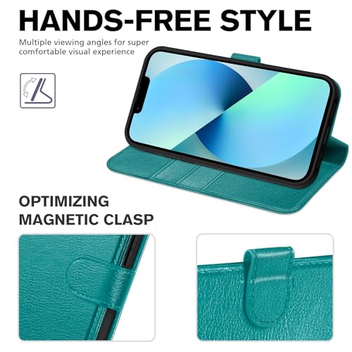 Image of TUCCH Wallet Case for iPhone 13 (6.1 inch) 2021, 3 Card Holders, Cyan | RFID Blocking, Viewing Stand, Shockproof TPU Shell, PU Leather, Magnetic Closure, Protective Folio Flip Cover