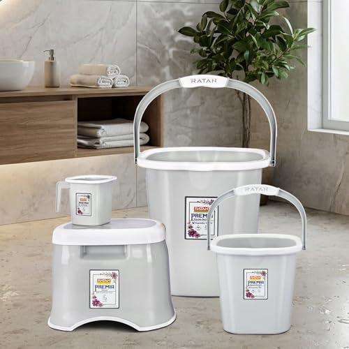 Image of RATAN PLASTICWARE Premia Bathroom Set (Bucket 5L X 1) + (Bucket 25L X 1) + (Mug 1.5L X 1) + (Small Stool X 1) - Diaso Grey|Easy to Carry | Perfect for Use in Bathrooms, Kitchen & Wet Utility Areas