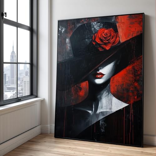 Tableau sur toile haut de gamme portrait de femme à la rose décoration murale salon 60 x 90 cm