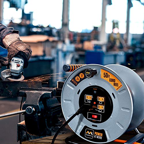 Masterplug Power At Work Metal Steel Drum With Four Powered Outlets, Open Cord Reel With Winding Handle, Safety Overload Circuit Breaker And Power Switch, 50 Feet 12Awg, High Visibility Cord, Orange #TOP3