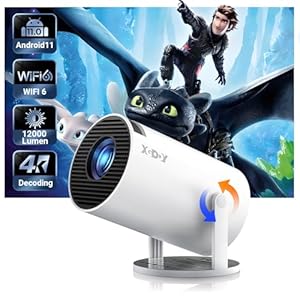 Smart Mini Projector WiFi6 Bluetooth 5.0 – XGODY Gimbal 3 Protable Projector 12000 Lumen Support 4K with Android TV 11.0, Auto Keystone Video Projector, 180°Rotatable Stand, Home Movie(White)