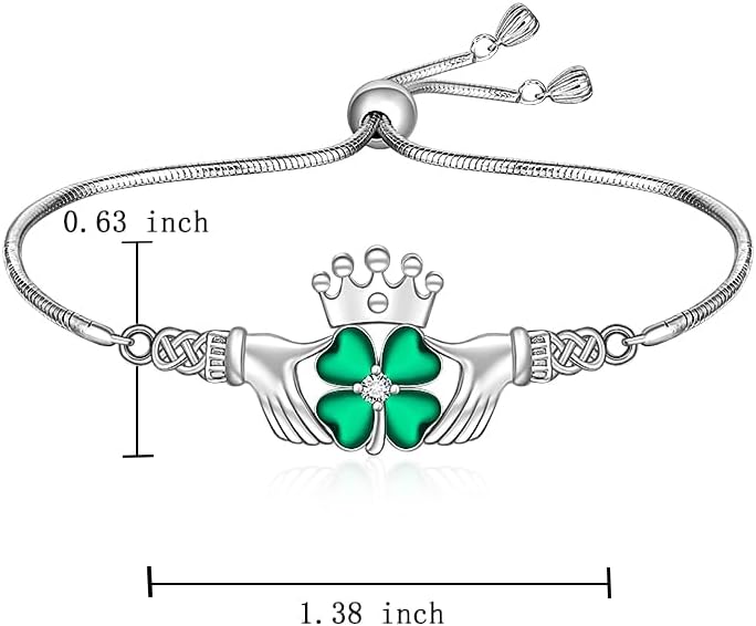 St Patricks Day Four Leaf Clover Bracelet Shamrock Bracelet for Women Sterling Silver Celtic Claddagh Irish Shamrock Green Lucky Clover Jewelry Gifts
