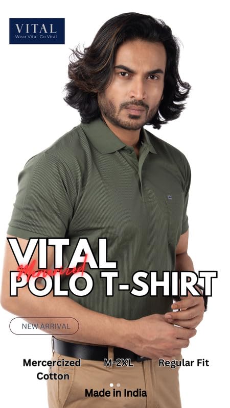 Image of Men's Polo T- Shirts Collar Neck Half Sleeves, Regular Fit, Cotton Mercerized Collection with All Over Vertical Printed Stripes /Comfortable and Soft