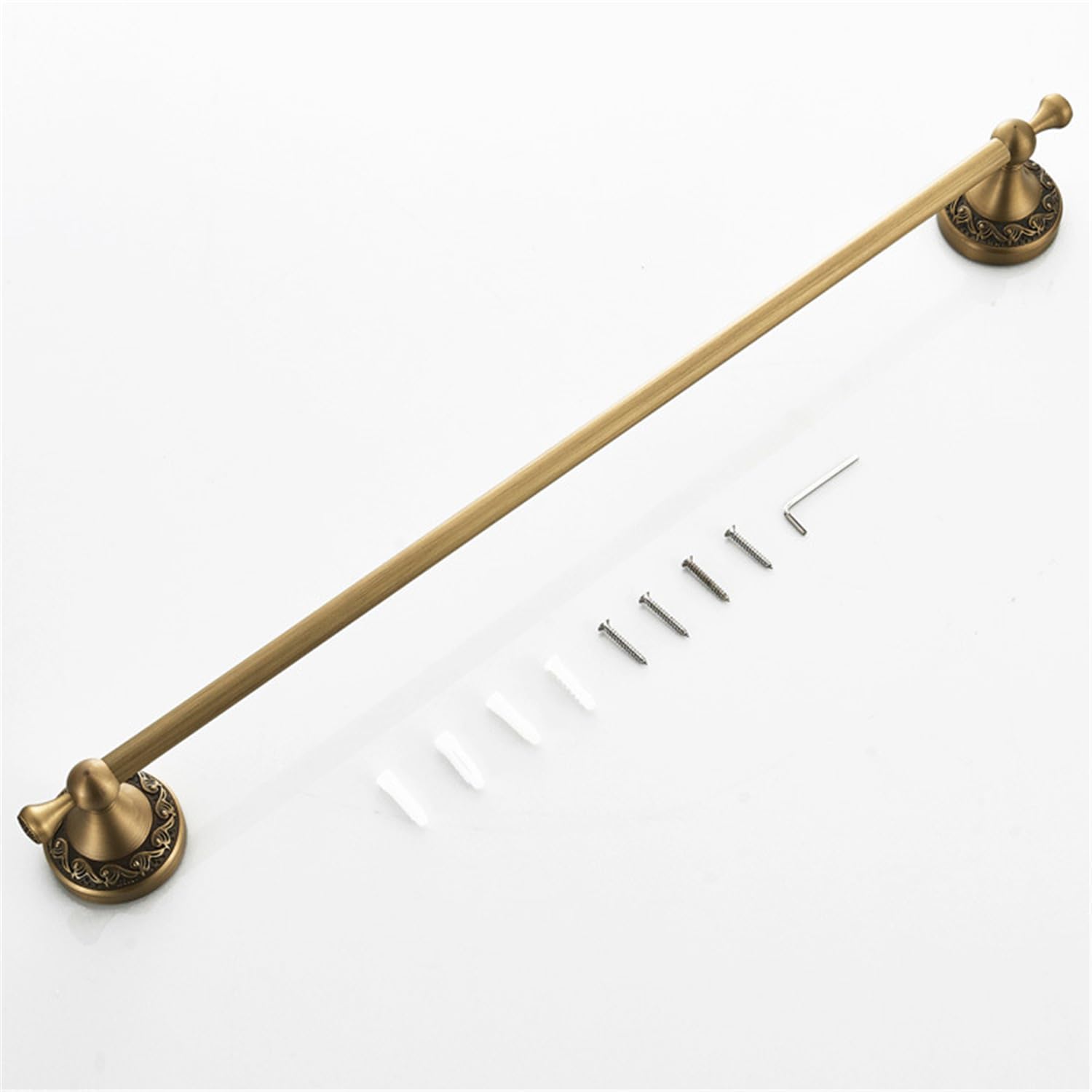 Flybath Toallero de barra de 24 pulgadas de latón antiguo con patrón exquisito para tallar, organizador de toallas individual para baño, accesorios de cocina, montaje en pared, bronce cepillado