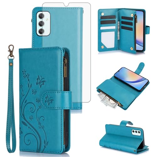 Housse Galaxy A34 5G avec fermeture éclair et dragonne à fleurs