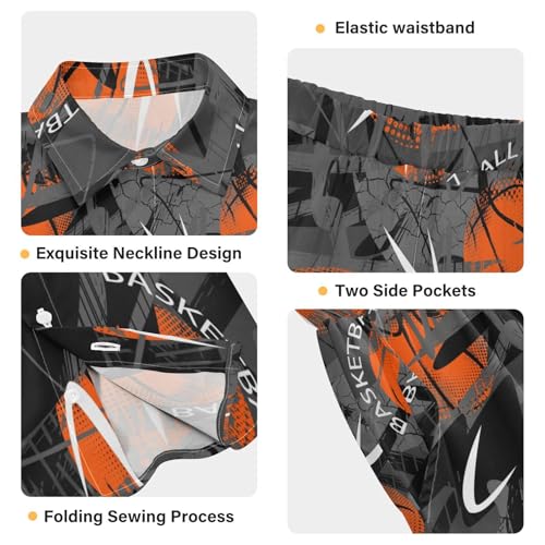 Image of visesunny Boys 2 Piece Outfit Button Down Shirt and Short Sets Urban Style Basketball Boy Summer Outfits for Children Kids 5-6Y