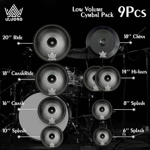 ULUOBO Becken-Set mit geringem Volumen, leises Becken-Set für Schlagzeugerübungen, 6/8/25,4 cm Spalsh+35,6 cm Hihat+40,6 cm Crash+45,7 cm Crash+45,7 cm China+50,8 cm Ride, 9 Stück, Schwarz