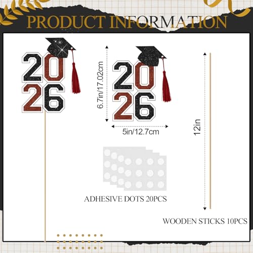 Image of 10 Pcs Graduation Table Centerpieces Sticks with Tassels, class of 2026 Grad Cap Picks Table Decoration Cupcake Toppers for Party Centerpiece Decoration Supplies(Black and Red)