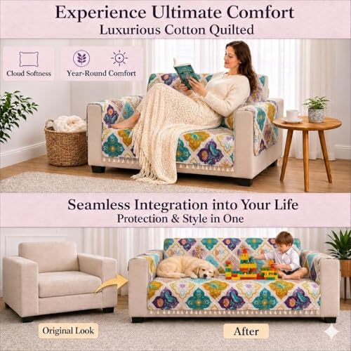 Image of STITCHNEST 'Frostvine Collection' 2 Seater Sofa Cover| Cotton Quilted Fabric, Decorative Tassels, Washable & Durable for Modern Living