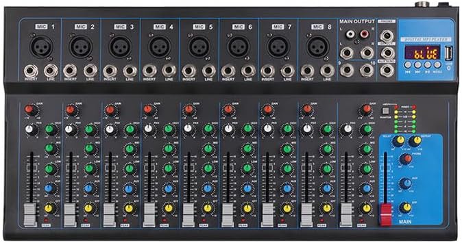 GH10 Portable Audio Mixer, 10 Channel Mixer for Recording DJ Stage Karaoke Music App, Mixer Music with USB Drive BT (GH10 10Channel)