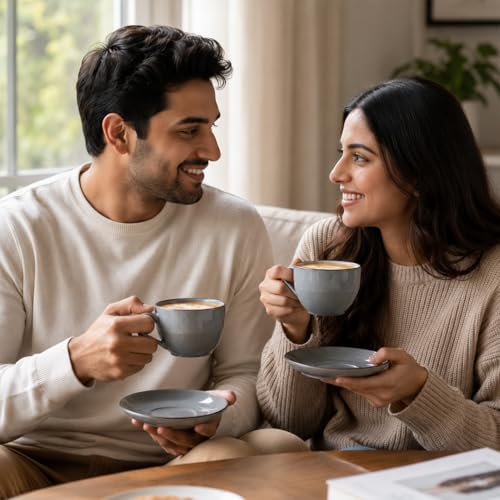 Image of The Earth Store Grey Marble Ceramic Cappuccino Cup with Saucer Set of 4 | 250ML Coffee & Tea Cups | Glossy Finish | Microwave & Dishwasher Safe | Ideal for Home & Gifting