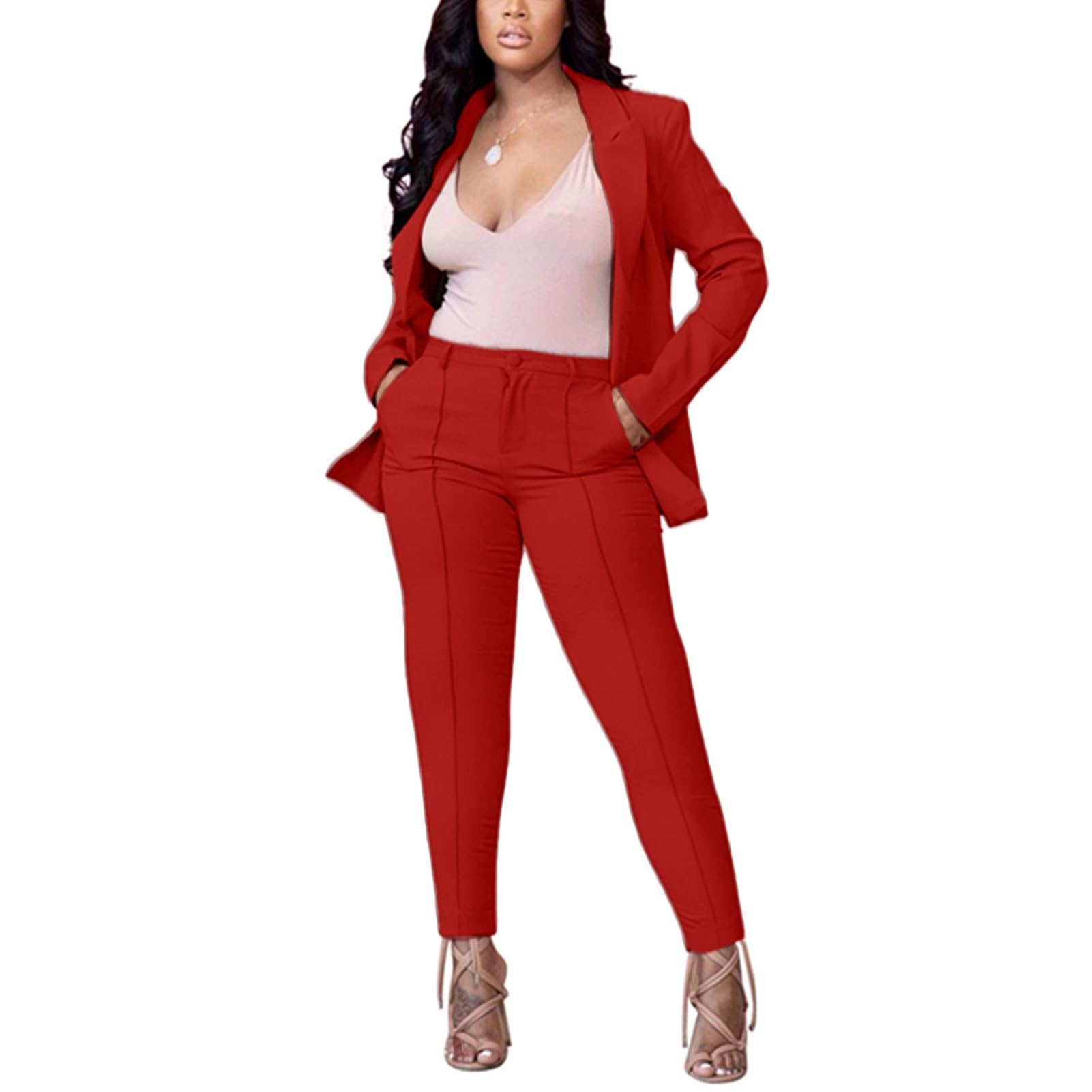 Womens 2 Piece Outfit Deep V Long Sleeve Solid Color Blazer with Pants Elegant Business Suit Sets
