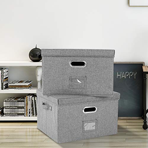 Decosis File Storage Organizer Box with Lid for Office, Collapsible Linen Organization with Hanging Folder for Home, Document Storage with Handles for School, Grey