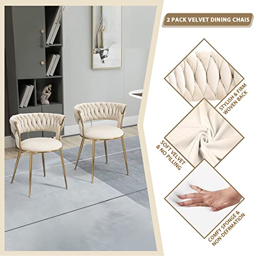 Modern Velvet Dining Chairs Set Of 2, Upholstered Living Room Chair With Woven Back And Golden Metal Legs, Mid-Century Accent Side Chair For Dining Room, Living Room, Kitchen, Vanity Room, Ivory #TOP1