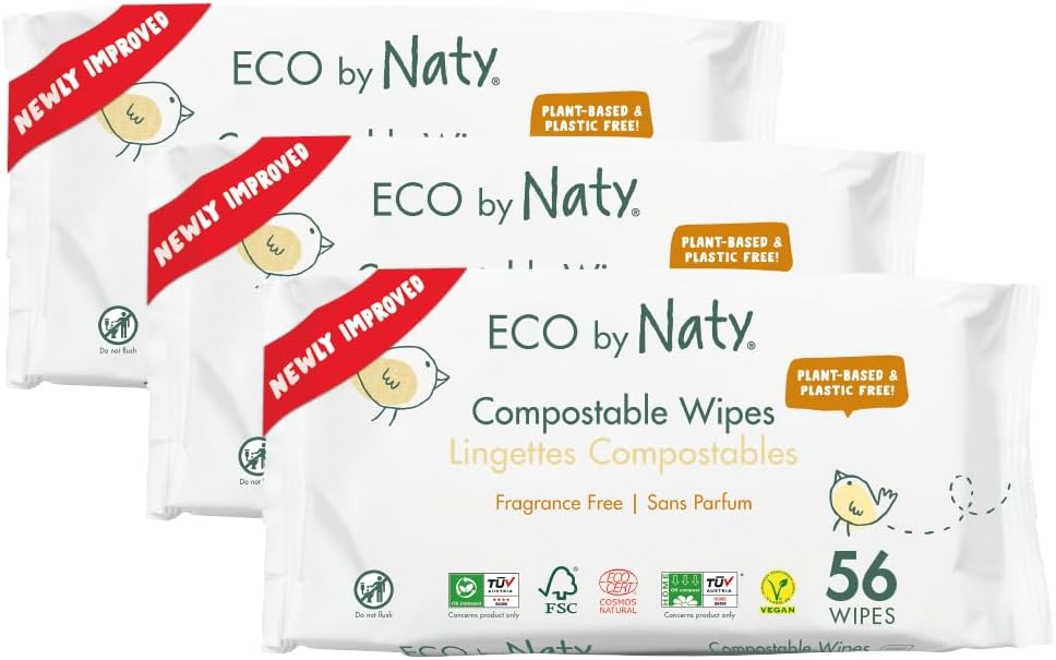 Naty Compostable Baby Wipes – Unscented, 100% Plant-Based, Plastic-Free, Fragrance-Free, Hypoallergenic for sensitive skin and Dermatologically Tested (Regular – 168 Count – 3 Packs of 56)