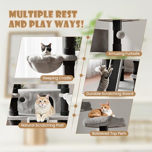 Image of SHA CERLIN 68 Inches Multi-Level Large Cat Tree for Large Kitties /Big Cat Tower with Condo /Cozy Plush Pussycat Perches /Sisal Scratching Posts and Hammocks /Activity Center /Black & Grey