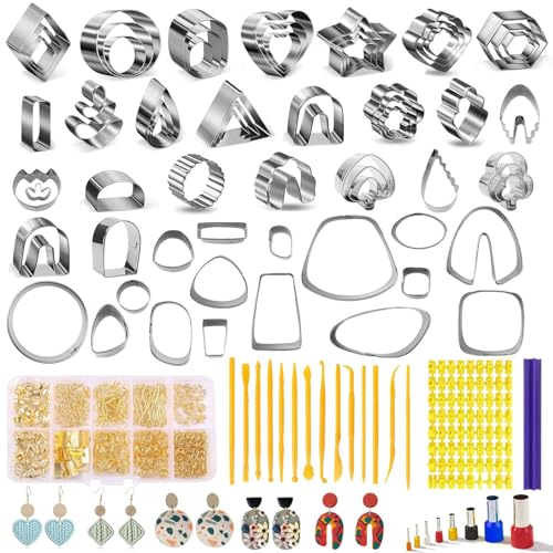 Fesorsi 800 Pcs Clay Earring Making Kit 67 Polymer Clay Molds Stainless Steel Polymer Clay Tools with 8 Circle Cutters 1 Clay Letter Stamps and 710 Pcs Earring Accessories for DIY Jewelry