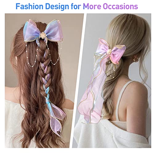 Ribbon Colored Hair Bows, 4 Pcs Large Braided Bow With Clips Colorful Glitter Bowknot With Long, Big Hair Bows Clips For Women Girls Wedding Birthday Party (4 Colors) #TOP2