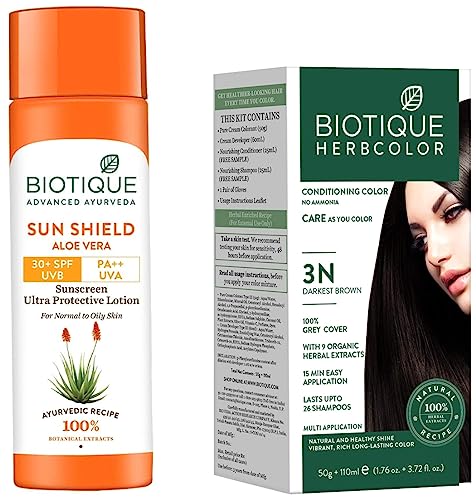 Biotique Sun Shield Aloe vera 30+ SPF UVB Sunscreen Ultra Protectective Lotion For Normal to Oily Skin, 120ml & Bio Herbcolor Conditioning Hair Color, 50g + 110ml – Darkest Brown 3N (Pack of 1)