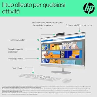 HP 27-cr0001sl All-in-One, AMD Ryzen 5 7520U, 8GB RAM LPDDR5, 512GB SSD NVMe, AMD Radeon Integrata, Display da 27" FHD IPS, Wi-Fi, Audio Integrato da 2W, Windows 11, Non è Touch, Bianco
