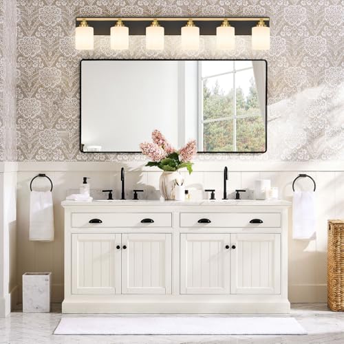 Image of Modern Bathroom Lighting Fixtures Over Mirror, Vanity Lights for Bathroom, Wall Sconces with Milky White Glass Shades, E26 Ceramic Socket, 6-Light 43-inch Black and Gold