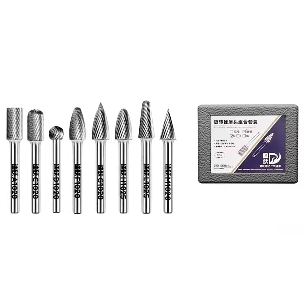 Kit de Lima Rotativa de Carburo Cementado de 8 Uds, Cabezal de Molienda de Acero de Tungsteno de Ranura única, Diámetro de Hoja de 6mm/8mm/10mm (10MM)