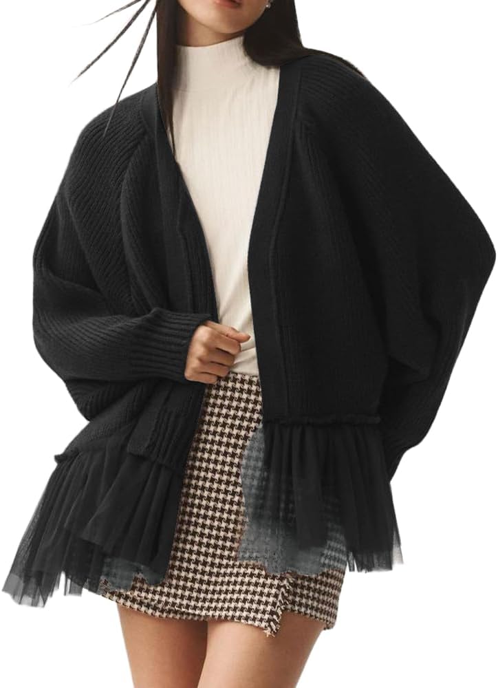 CHARTOU Open Front Chunky Cardigan Sweaters for Women Dressy Lace Long Sleeve Cable Knit Sweater Outwears