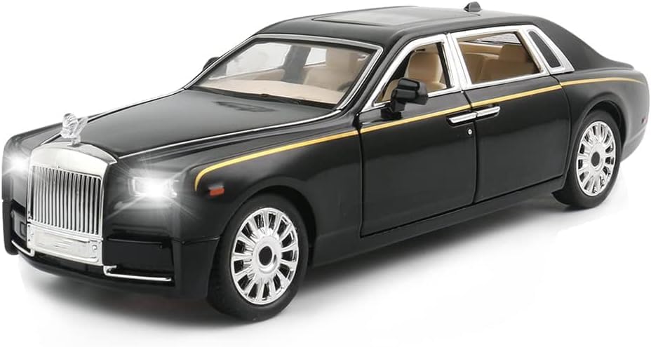 Image of Exclusive Alloy Metal Pull Back Die-Cast Car Diecast Metal Pullback Toy Car with Openable 6 Doors,Light Music Boys Gifts Toys (1:24 Rolls-Royce Phantom(Black-Black))
