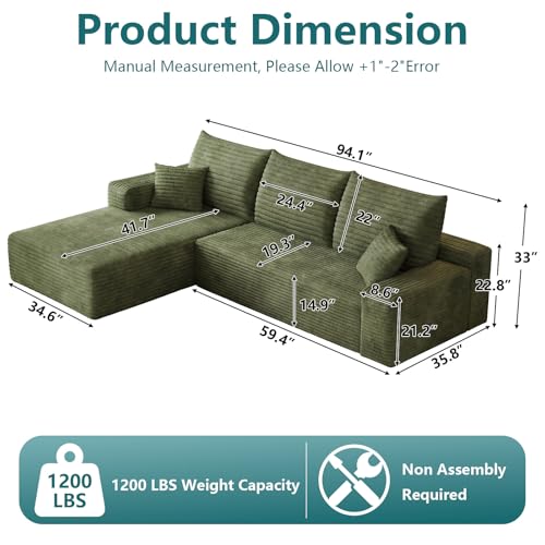 Image of 95 inch Modular Sectional Couch, Boneless L Shaped Cloud Sofa with Chaise Lounge, Corduroy Upholstered Couches Memory Foam Deep Seat, No Assembly Required, Ideal for Living Room(Green, Left Facing)