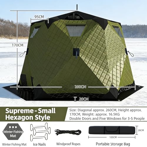 Portable Ice Fishing Tent for 4-6 People, Windproof Thermal Pop-Up Shelter with Hub-Style Design, Durable 420D 3-Layer Fabric for Winter Fishing & Camping - Green