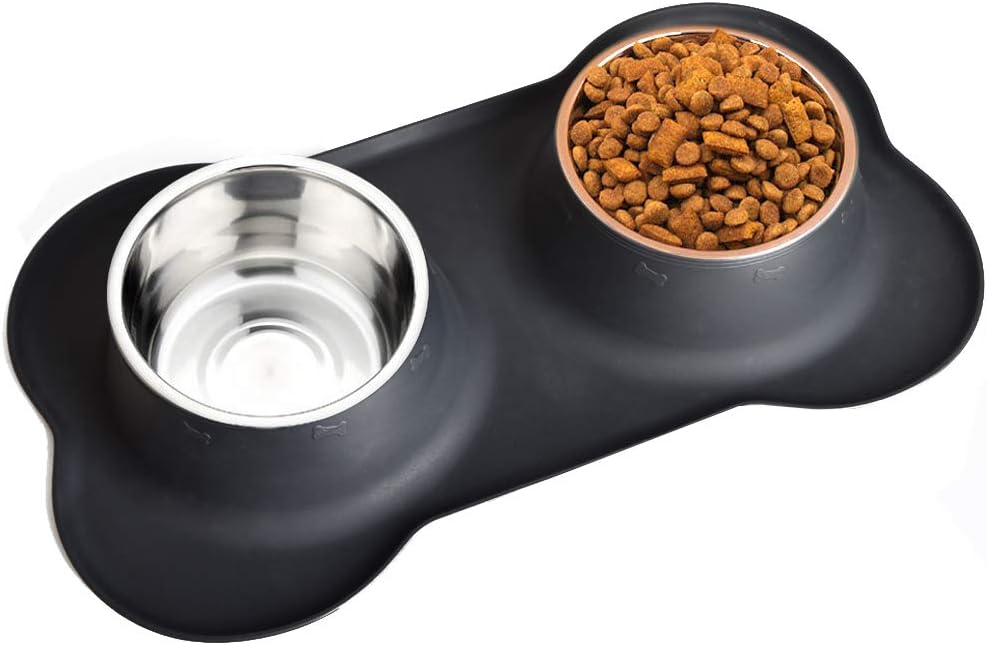 Easeurlife Stainless Steel Dog Bowl Set 2 x 38oz No Spill/Non-Skid Silicone Mat Double Pet Bowls Set for Medium Dogs, Each Bowl About 1100ml Black