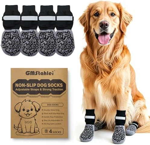 Calcetines Antideslizantes para Perros con Doble Agarre y Correa Ajustable – Pack de 4 para Suelos de Madera y Baldosas – Anti Deslizamiento y Anti Lamido, para Perros Mayores y Activos (M)