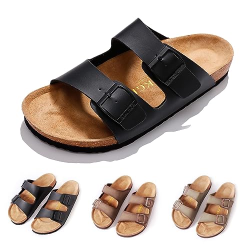 Klukge Mens Cork Sandals,Adjustable Buckle Leather Non-Slip Slippers Women's Flat Slide Cork Footbed Sandals Unisex Shoes, Arch Support(Black Us 13) #TOP7