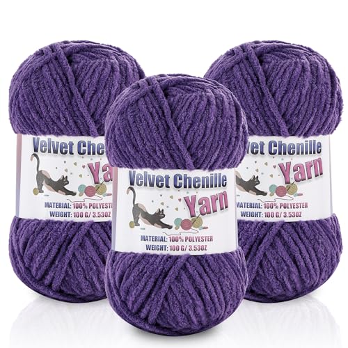 Image of 3 * 100g /3.5oz Fluffy Chenille Yarn for Crocheting, Chunky Velvet Yarn for Crochet Amigurumi, Used for Making Baby Yarns Blanket, Clothes, Pattern Knitting Creations (Lavender)