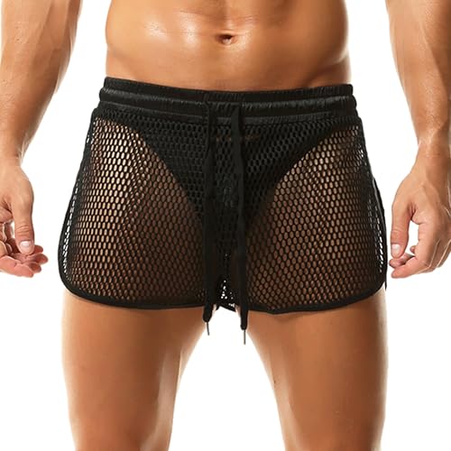 DTODWW Mens Mesh Boxer Shorts Sheer Fishnet Trunks Hot Short Pants Split Side Shorts with Pocket2