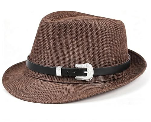 Classic Fedora Hat for Men Women Short Brim Panama Summer Beach Hat Accessories with Feathers (US Alpha Large X-Large Brown)